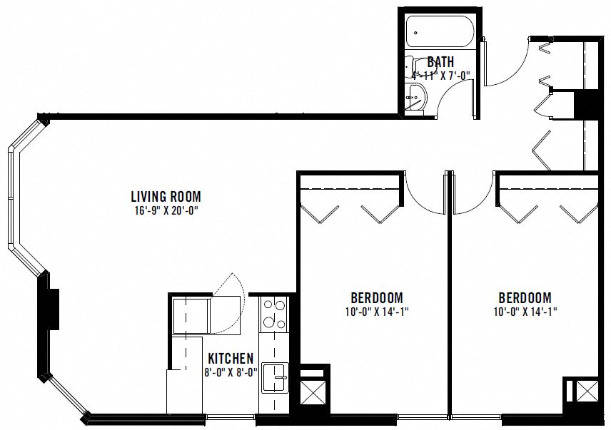 Floor plan for 2 beds, 1 bath
